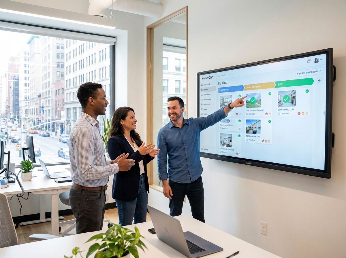 Estate agency team reviewing property pipeline on large screen